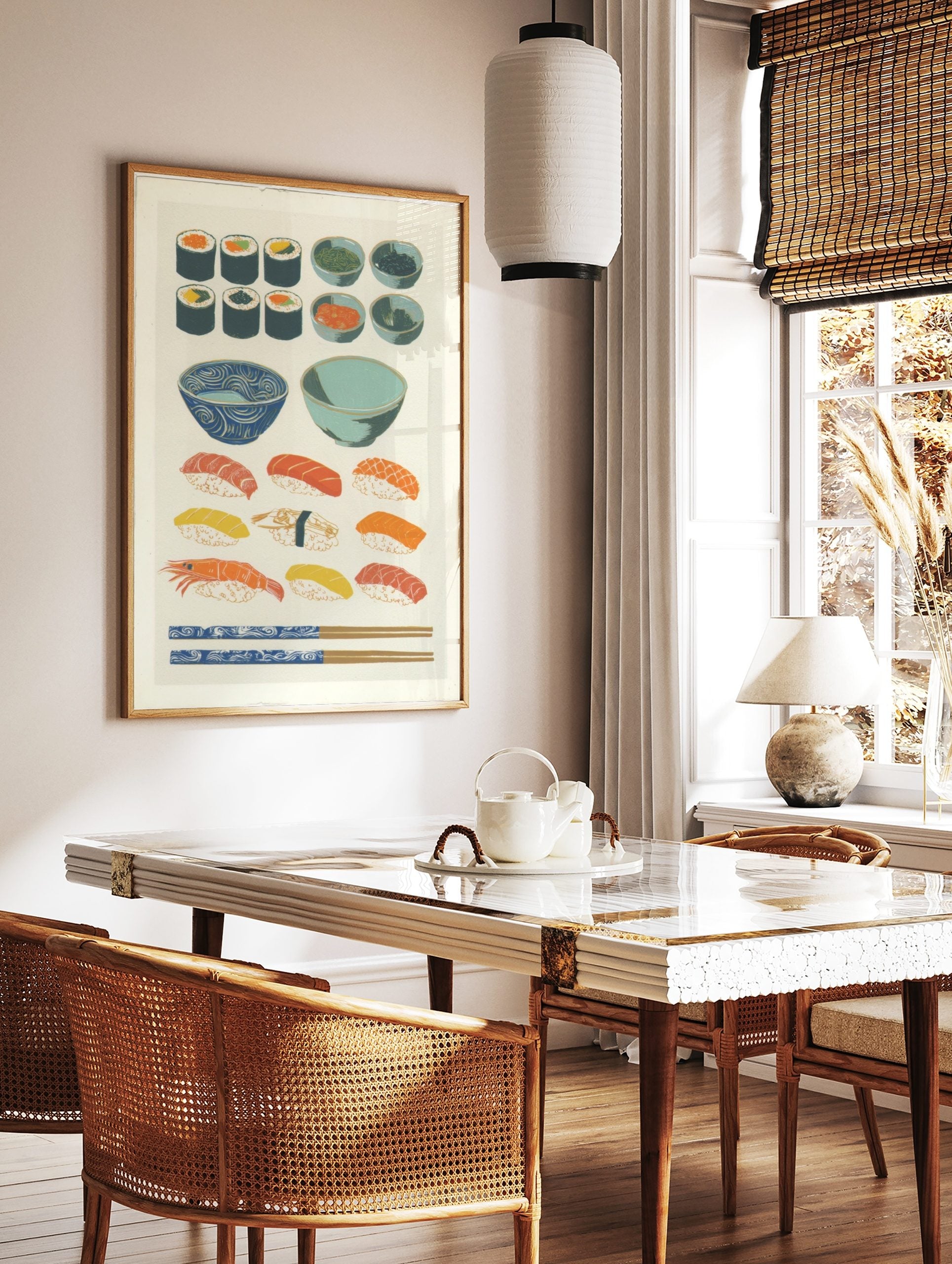 Illustrative Japanese sushi, maki rolls, nigiri, and side dishes with blue bowls and chopsticks on, in a styled room mockup