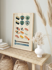 Illustrative Japanese sushi and nigiri print with maki rolls, various fish, condiment bowls, in an alternate framed mockup