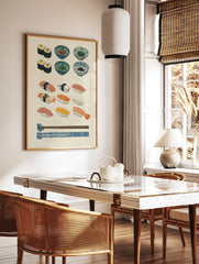 Illustrative Japanese sushi and nigiri print with maki rolls, various fish, condiment bowls, and, in a styled room mockup