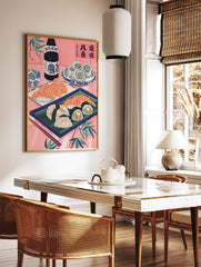 Japanese sushi poster featuring salmon nigiri, maki rolls, and a sake bottle on a pink background with bamboo leaves. - Image 2
