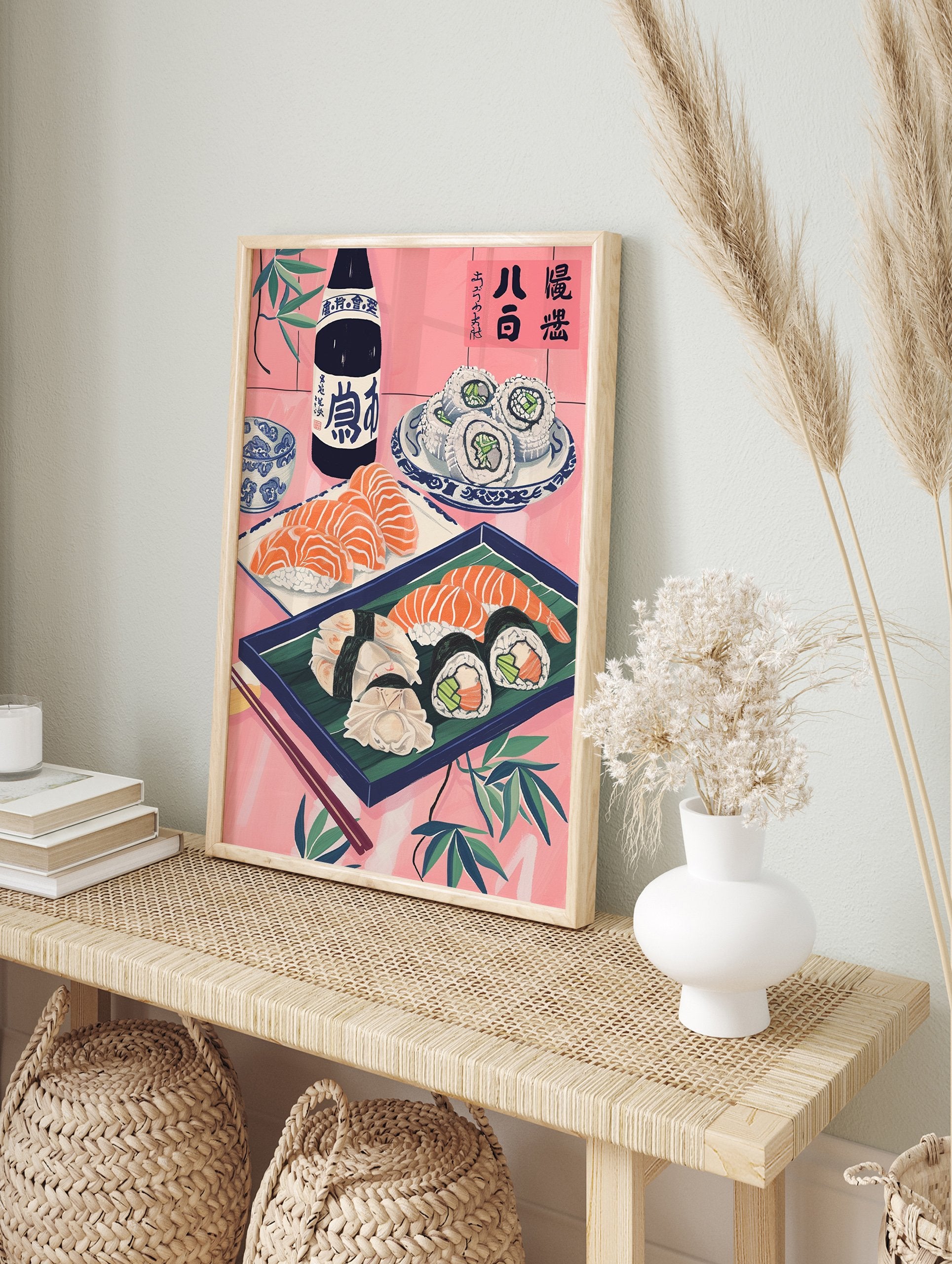 Japanese sushi poster featuring salmon nigiri, maki rolls, and a sake bottle on a pink background with bamboo leaves. - Image 4
