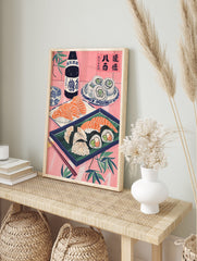 Japanese sushi poster featuring salmon nigiri, maki rolls, and a sake bottle on a pink background with bamboo leaves. - Image 4