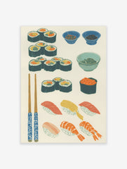 Japanese sushi illustration art print featuring maki rolls, nigiri, gunkan maki, chopsticks, and small bowls