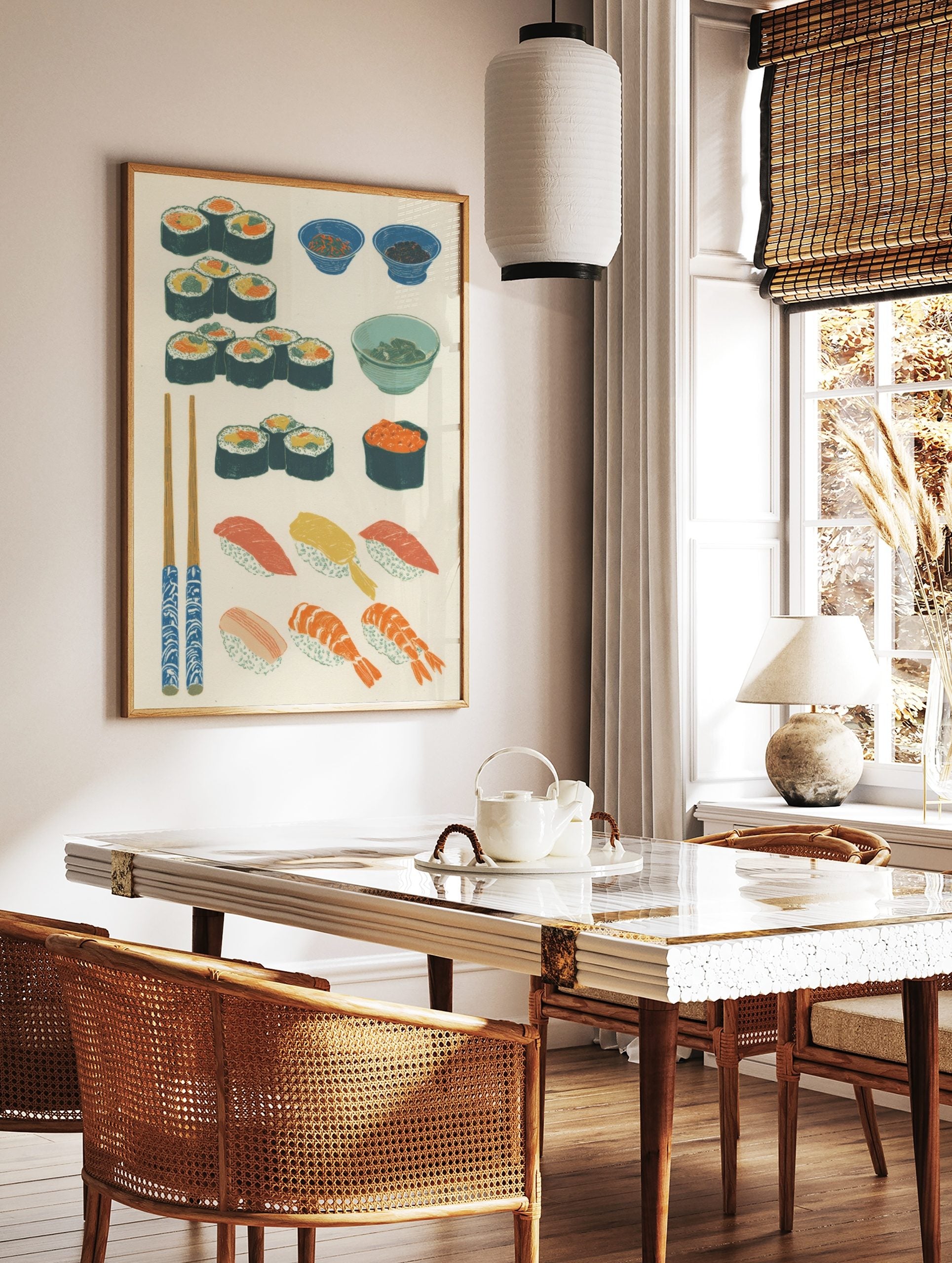 Japanese sushi illustration art print featuring maki rolls, nigiri, gunkan maki, chopsticks, and, in a styled room mockup