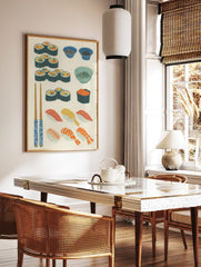 Japanese sushi illustration art print featuring maki rolls, nigiri, gunkan maki, chopsticks, and, in a styled room mockup
