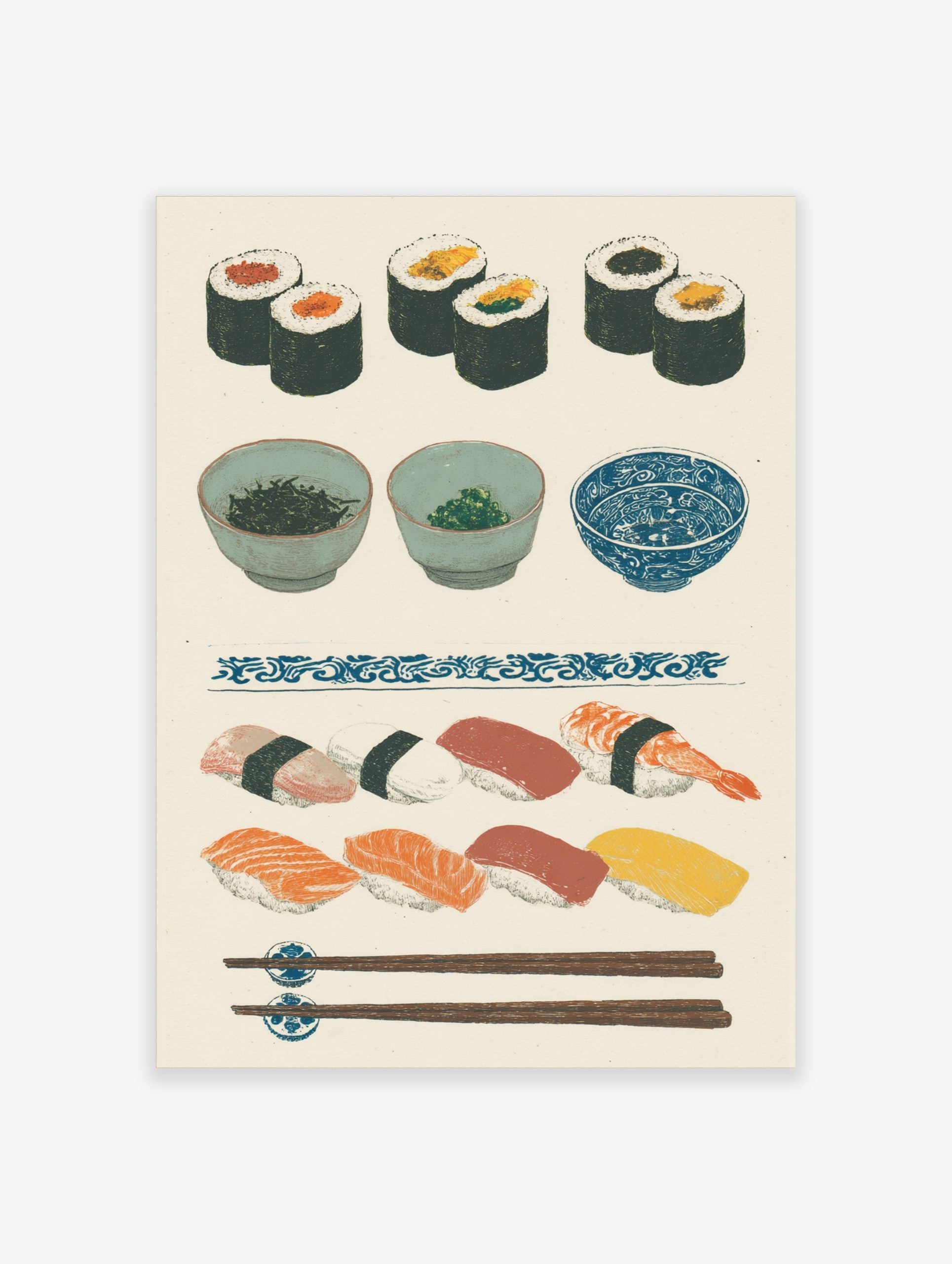Japanese sushi wall art print with maki rolls, nigiri, bowls, and chopsticks on a light background with blue patterns