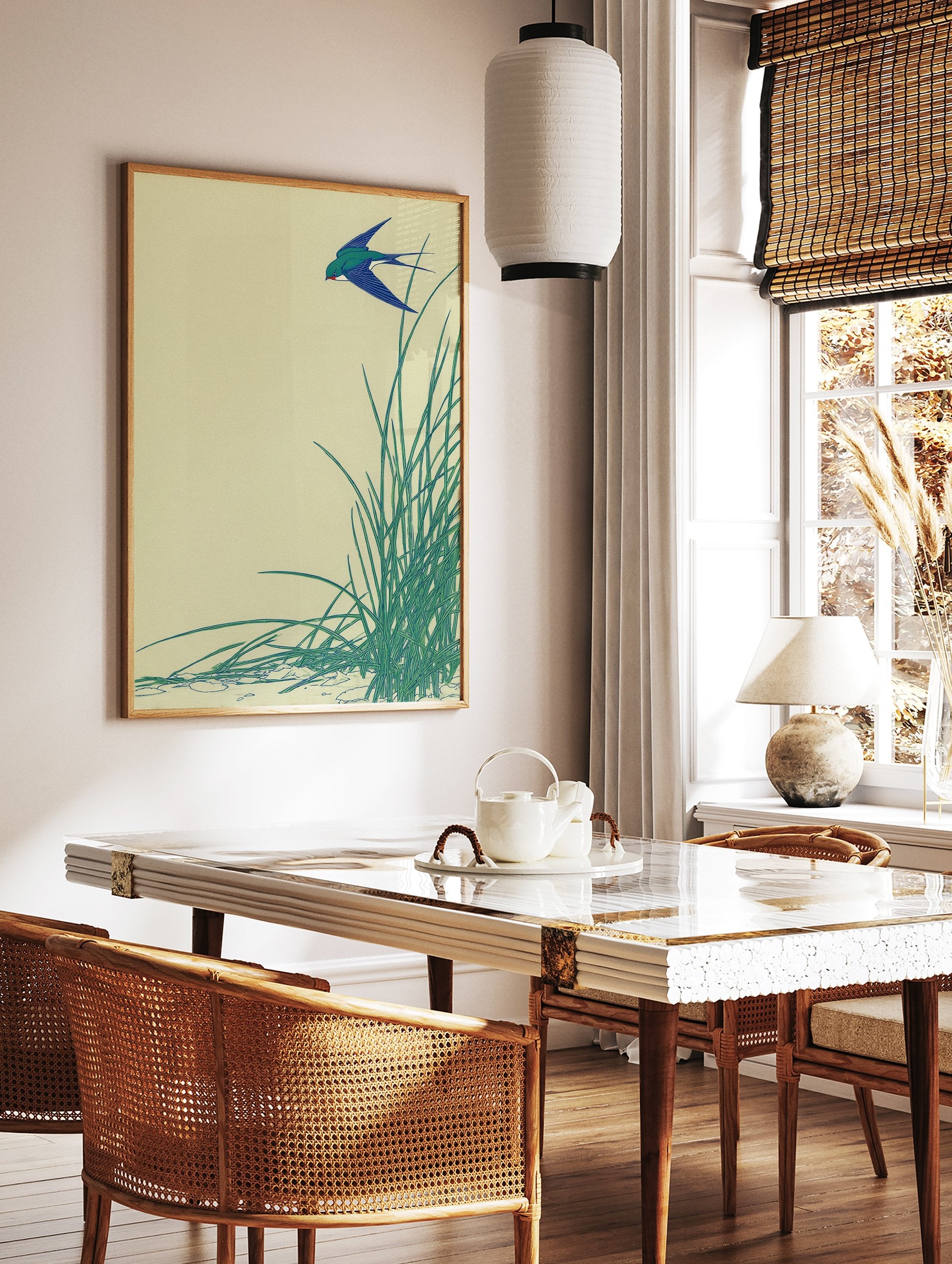 Japanese swallow art print featuring a blue bird flying over green reeds against a light yellow background. - Image 2