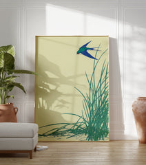 Japanese swallow art print featuring a blue bird flying over green reeds against a light yellow background. - Image 3