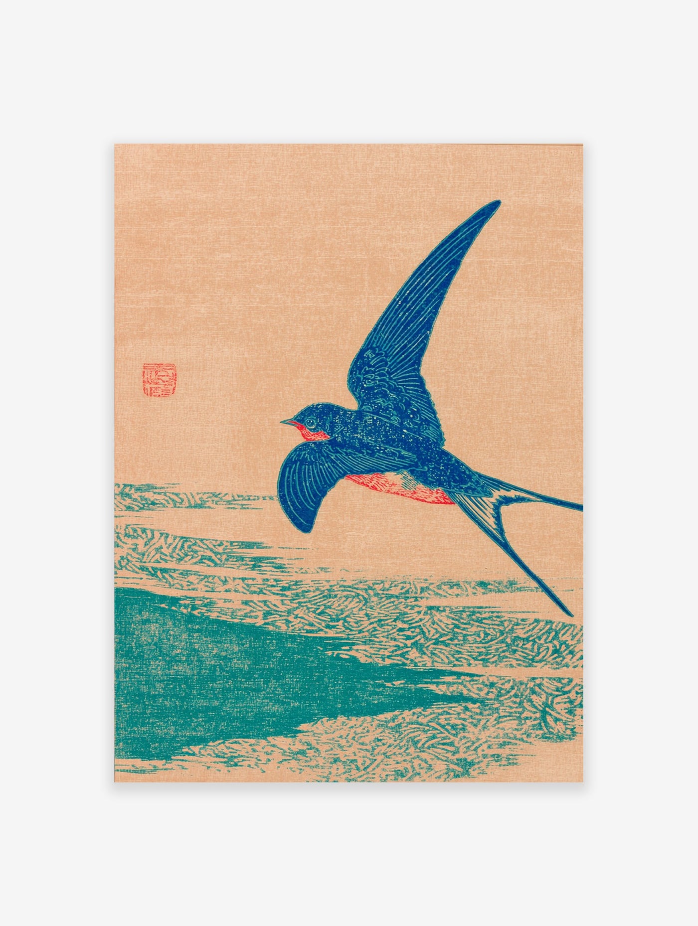 Japanese woodblock print of a blue swallow bird in flight over water against a peach background, vintage style.