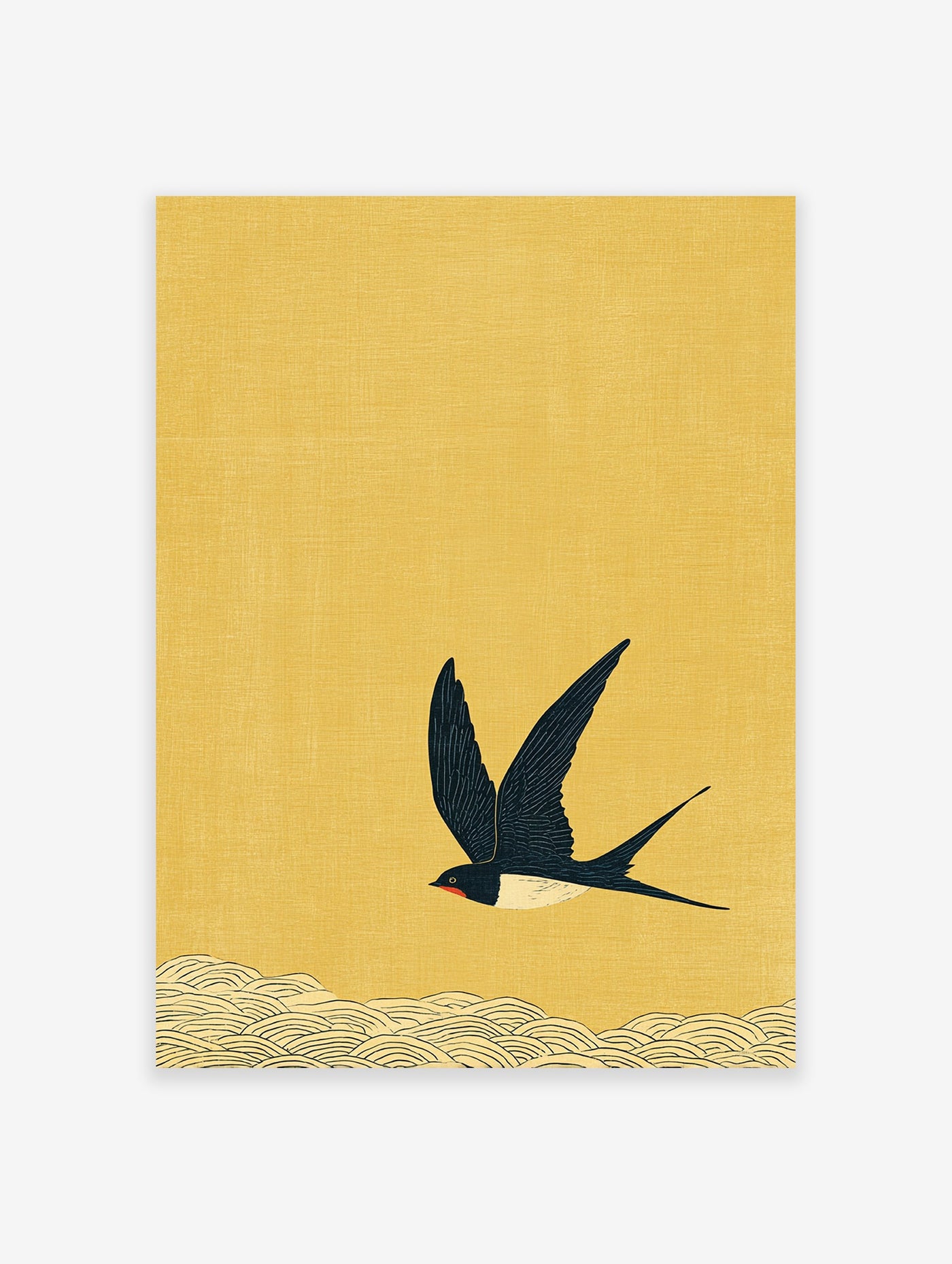 Japanese swallow bird illustration flying over waves on a textured yellow background, a serene piece of Japanese Wall Art.