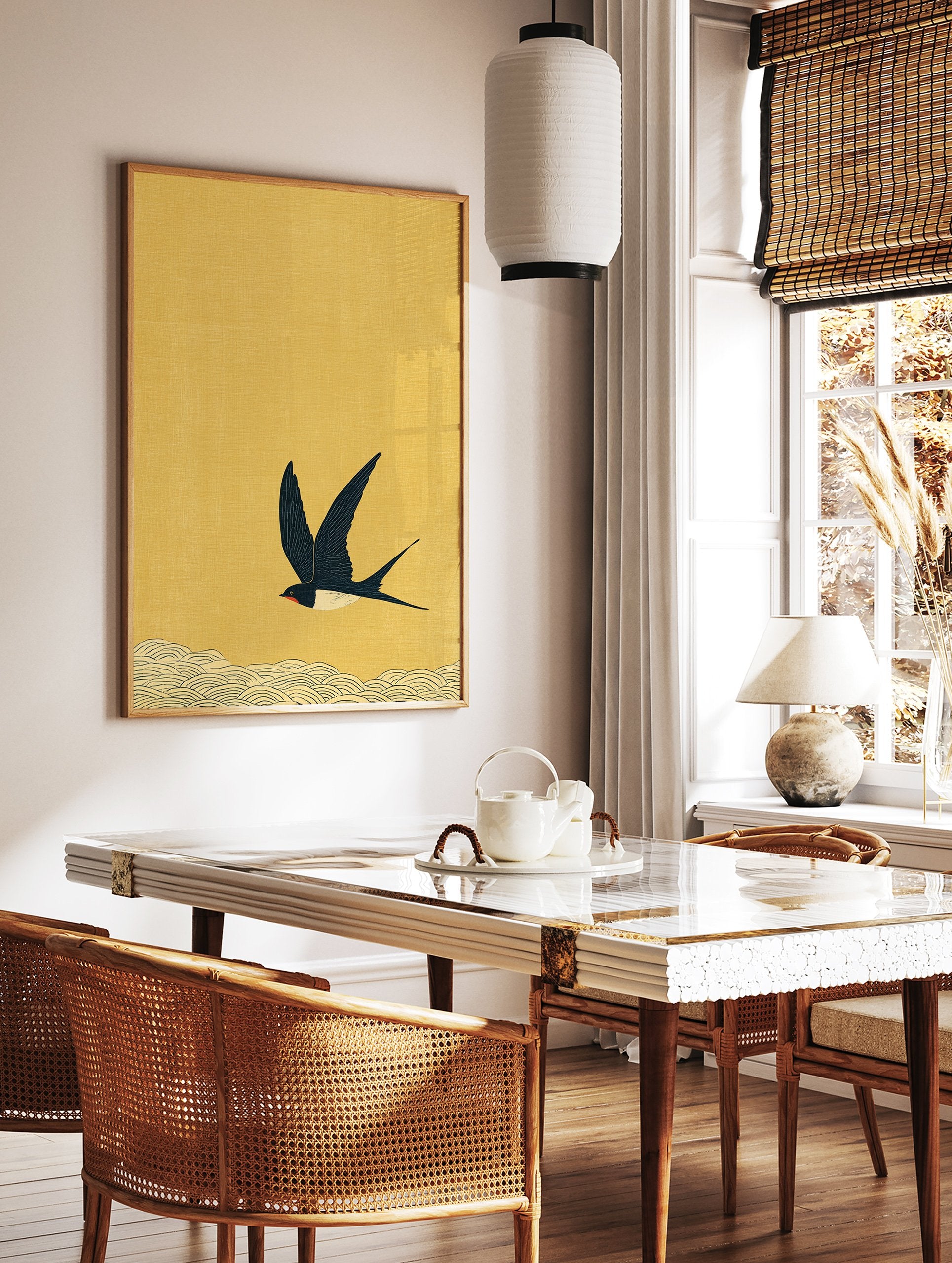 Japanese swallow bird illustration flying over waves on a textured yellow background, a serene piece of Japanese Wall Art. - Image 2