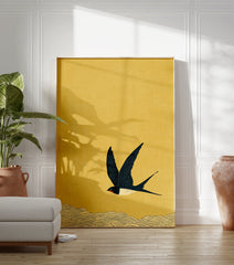 Japanese swallow bird illustration flying over waves on a textured yellow background, a serene piece of Japanese Wall Art. - Image 3