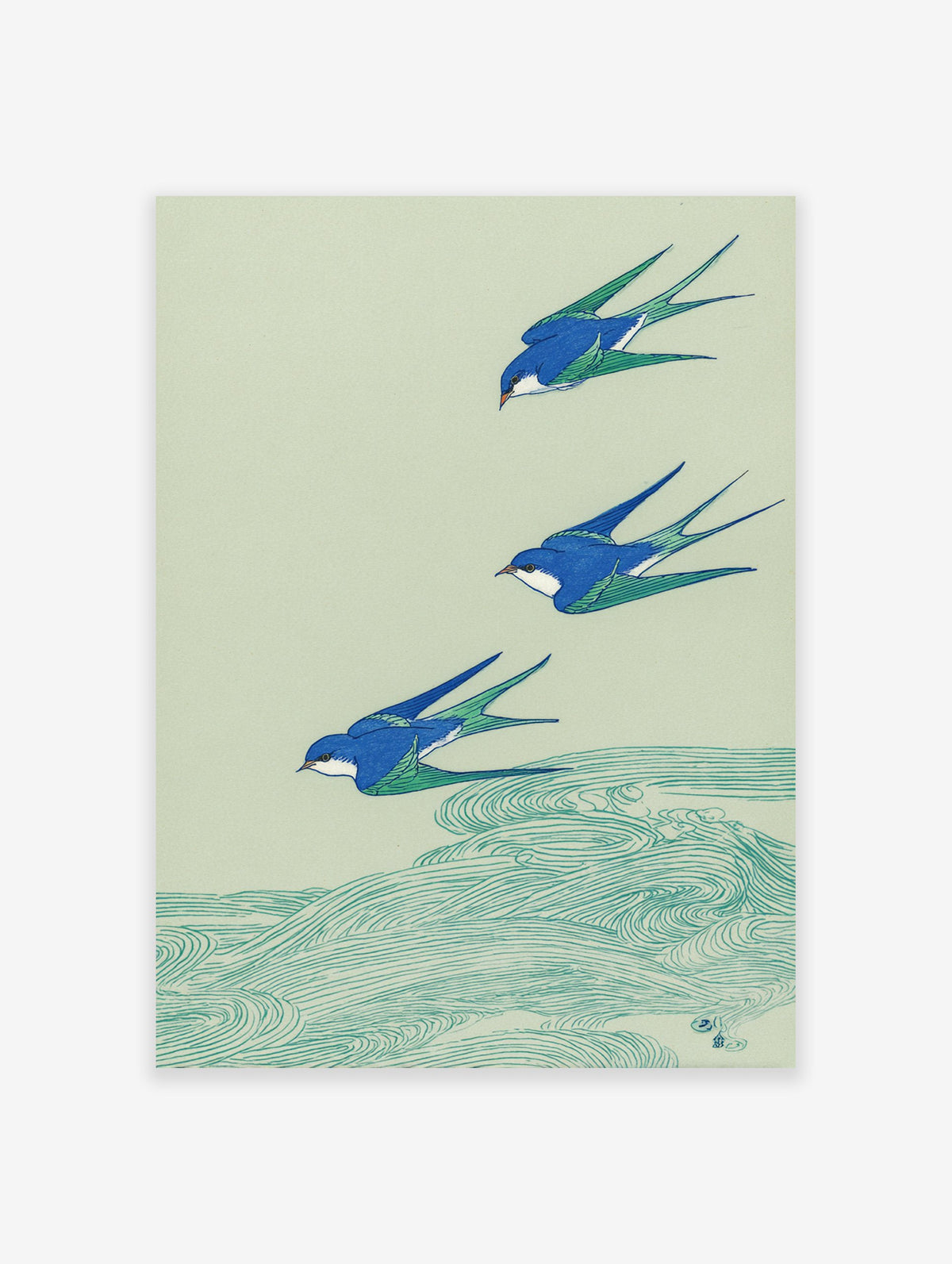 Japanese swallow wall art print showing three blue and green birds flying over teal waves on a light green background.