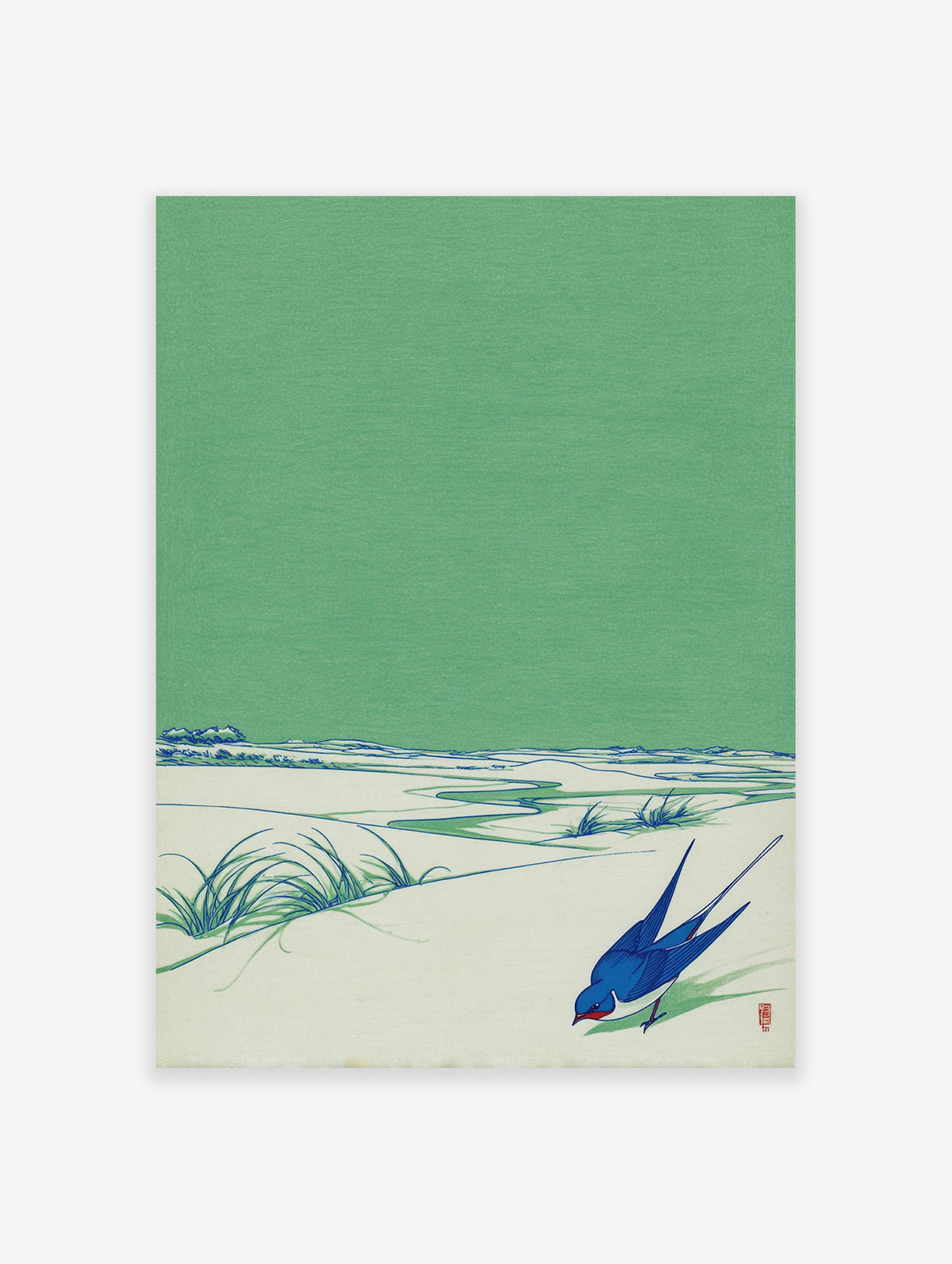 Japanese swallow bird art print with green sky, blue bird, and light ground with green grass and stream.