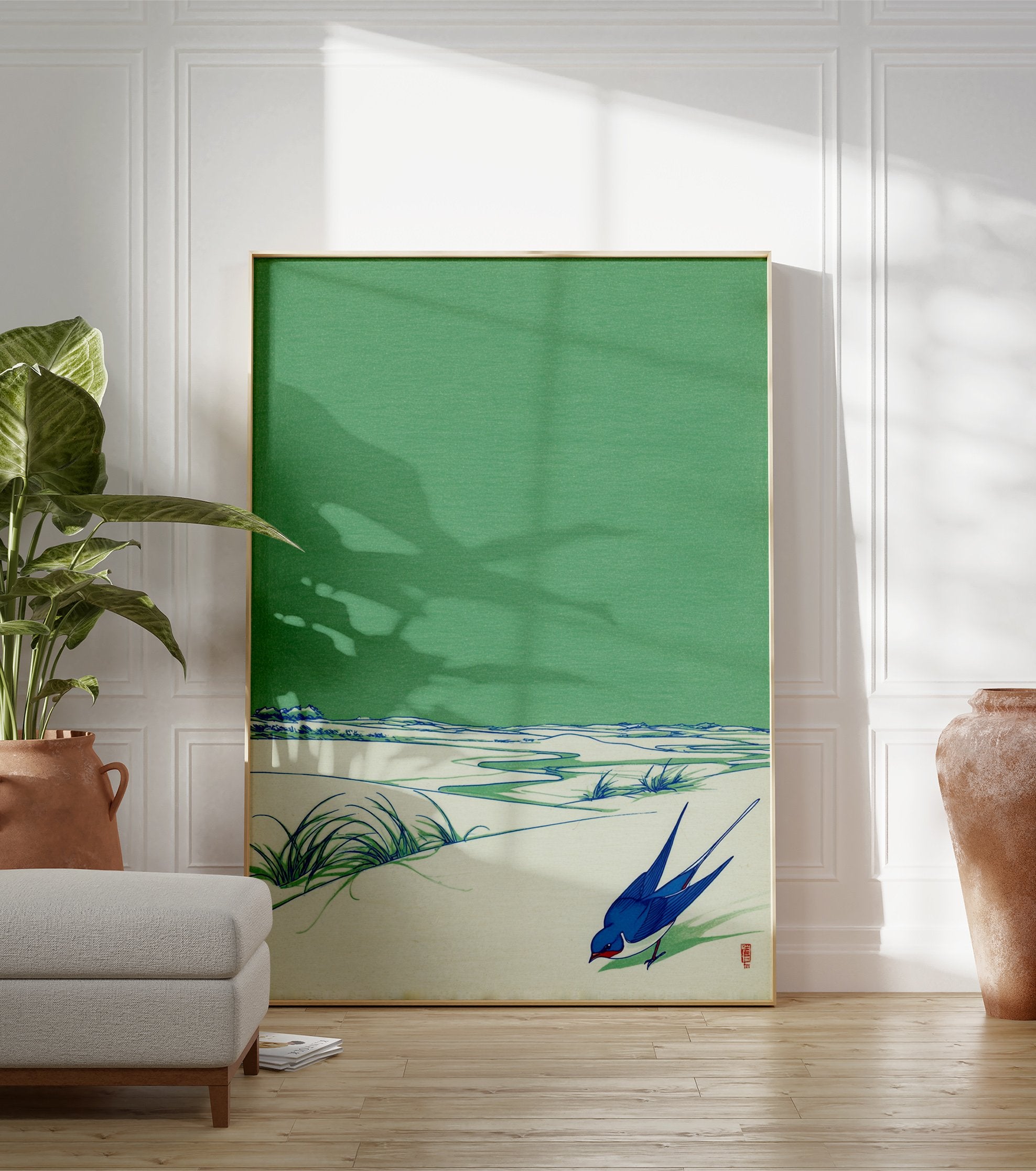 Japanese swallow bird art print with green sky, blue bird, and light ground with green grass and stream. - Image 3