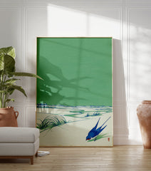 Japanese swallow bird art print with green sky, blue bird, and light ground with green grass and stream. - Image 3