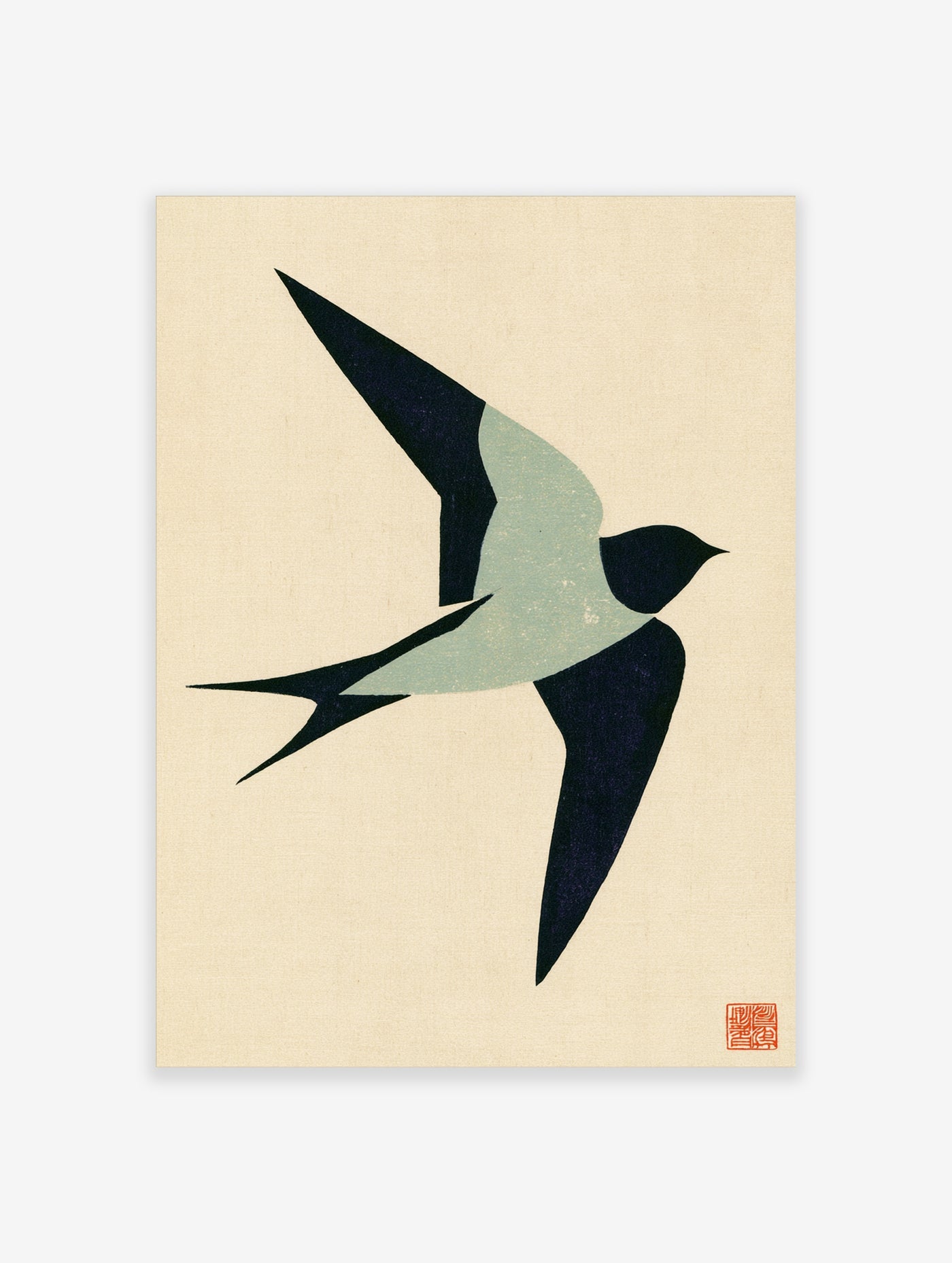 Minimalist Japanese-style swallow bird illustration with dark blue wings against a cream background