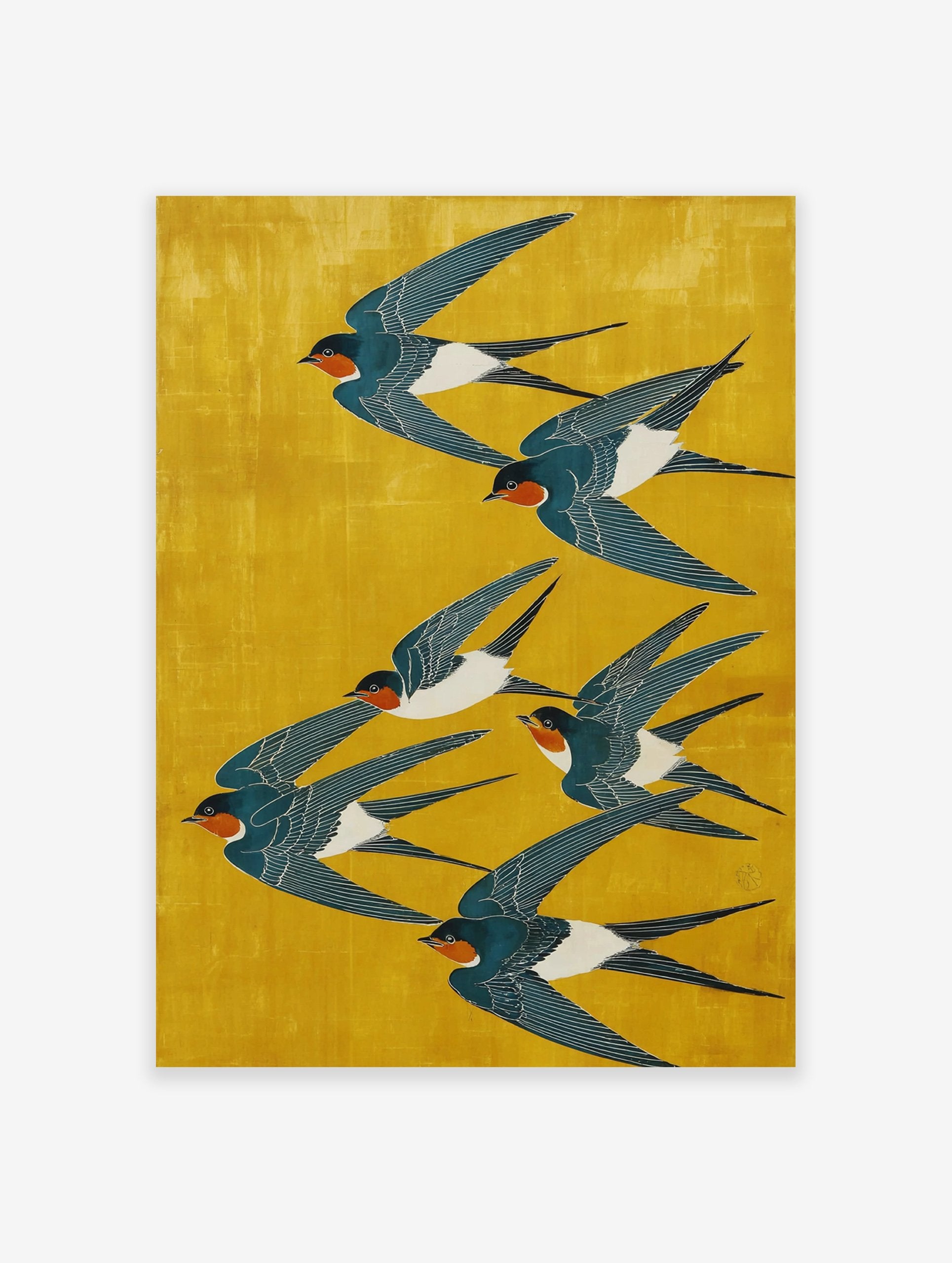 Japanese swallows flying on a bright yellow background poster, illustrated in a traditional woodblock style.