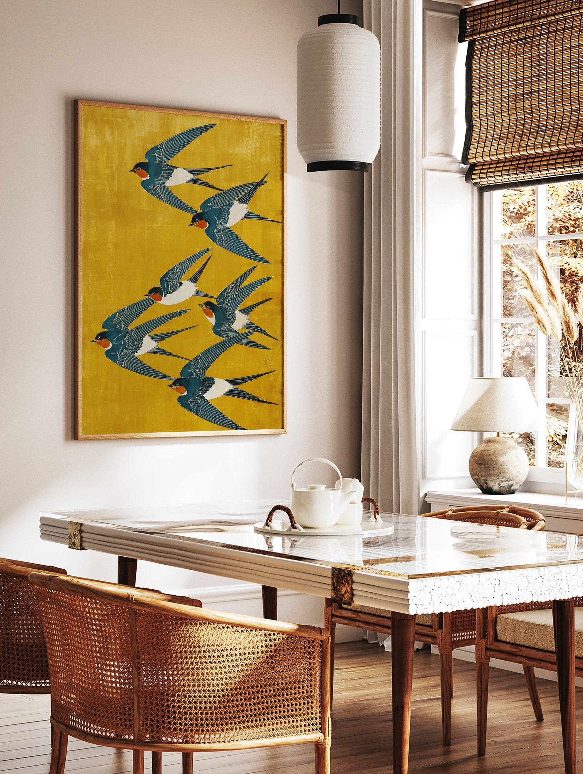 Japanese swallows flying on a bright yellow background poster, illustrated in a traditional woodblock style. - Image 2