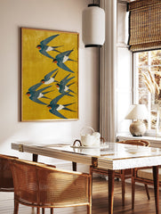 Japanese swallows flying on a bright yellow background poster, illustrated in a traditional woodblock style. - Image 2