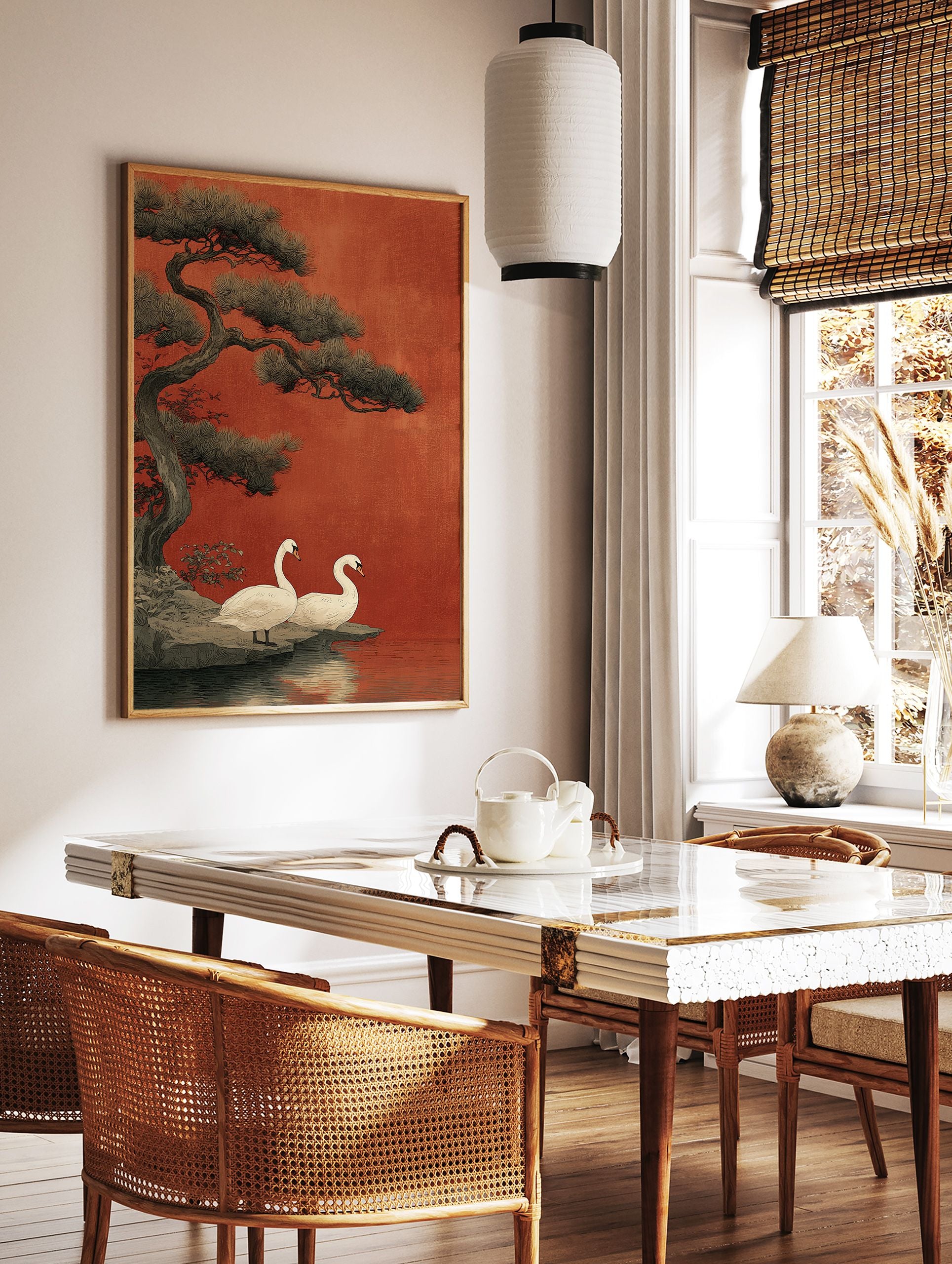 Japanese Swan Wall Art print showing two white swans by a lake with a large pine tree against a red background. - Image 2