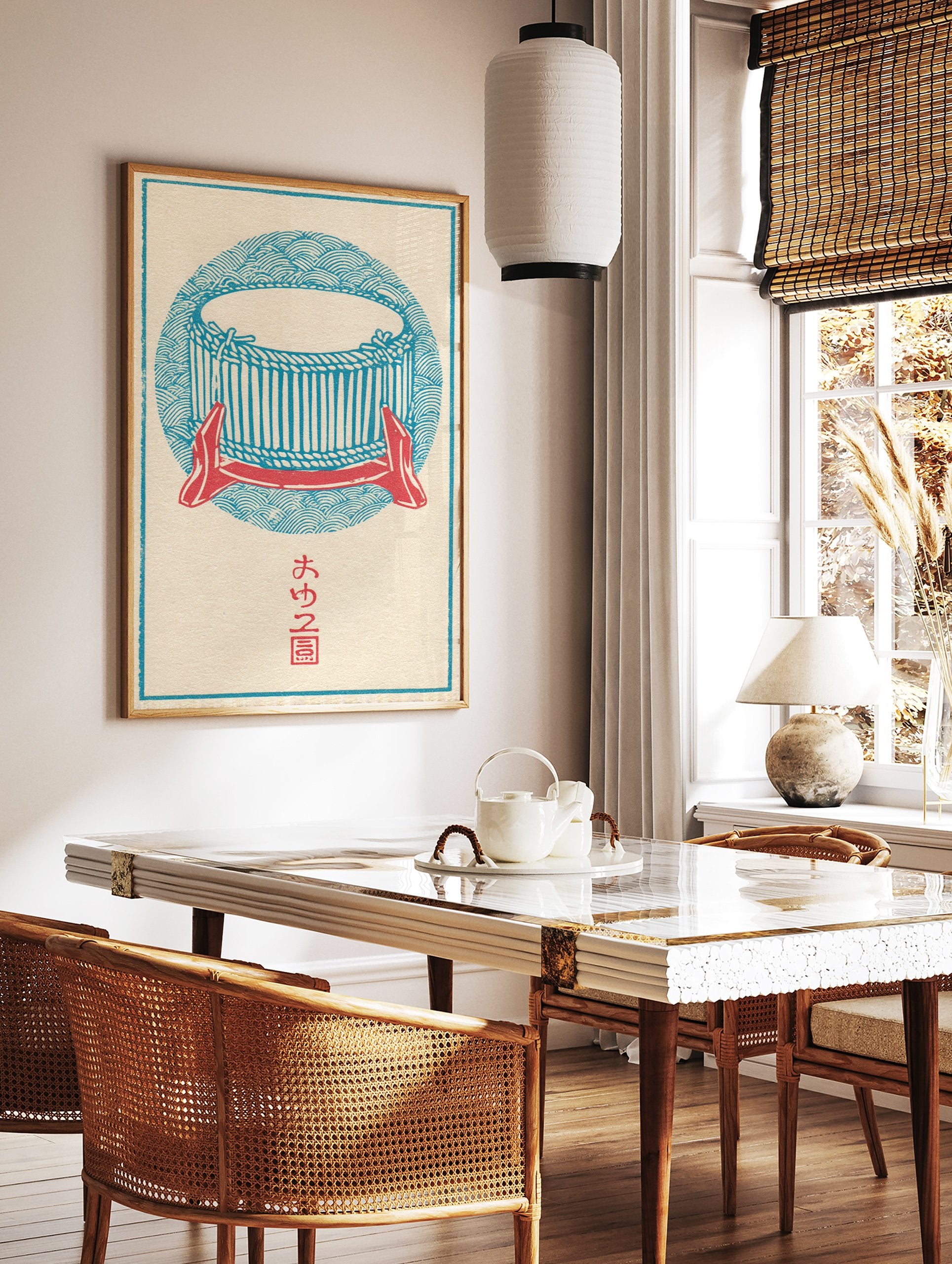 Traditional Japanese taiko drum illustration in blue and red with wave patterns and Japanese script on a light cream background. - Image 2