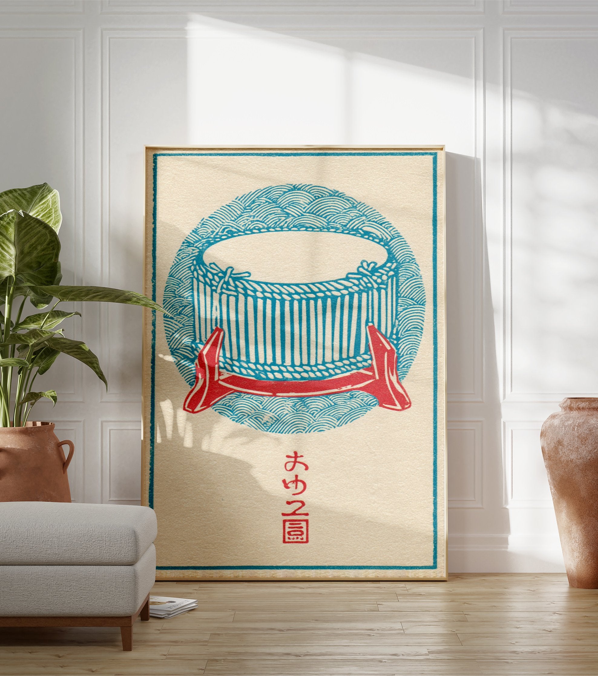 Traditional Japanese taiko drum illustration in blue and red with wave patterns and Japanese script on a light cream background. - Image 3