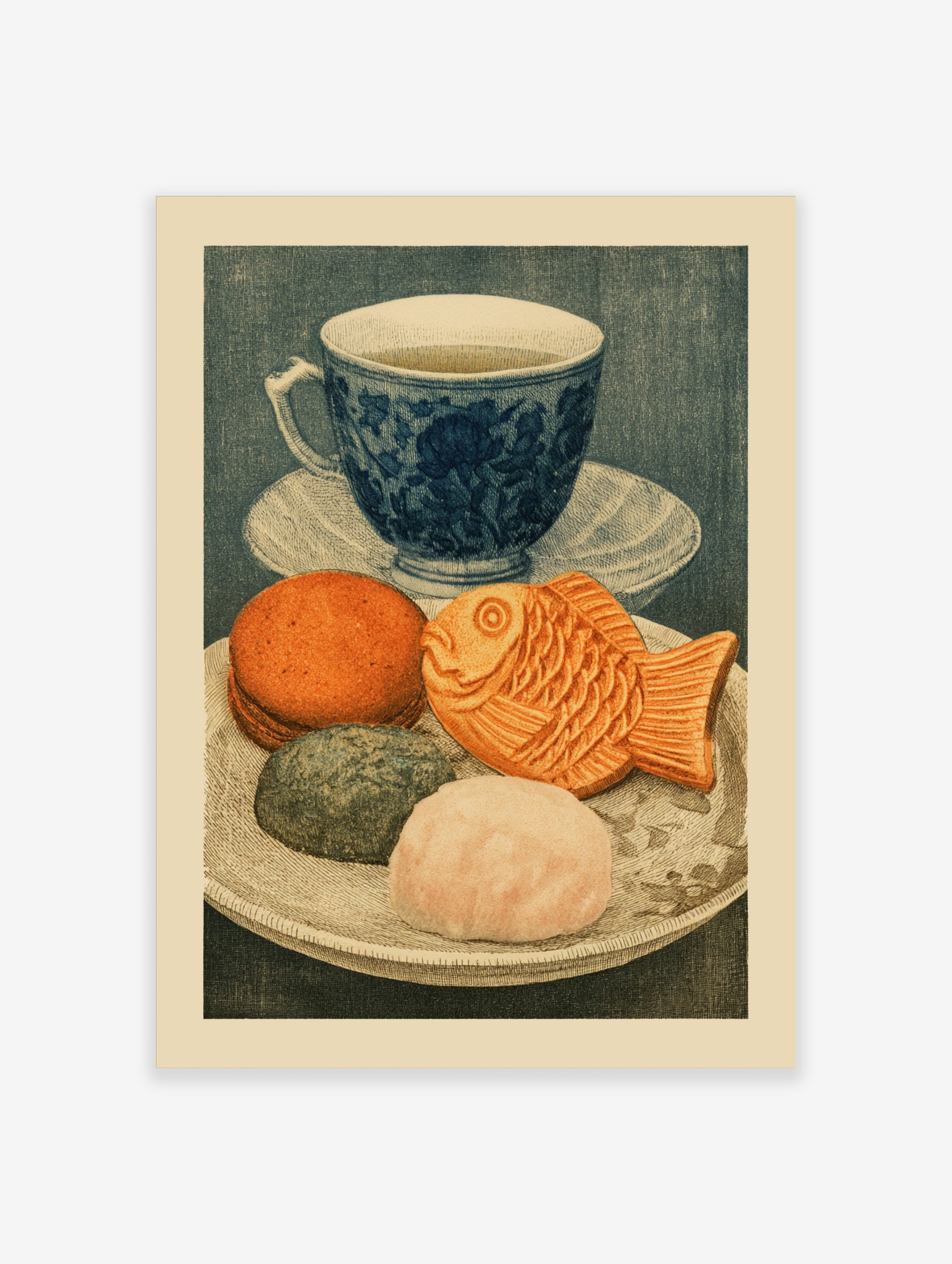 Illustrative art print of a blue tea cup and a plate of Japanese sweets including a fish-shaped taiyaki cake