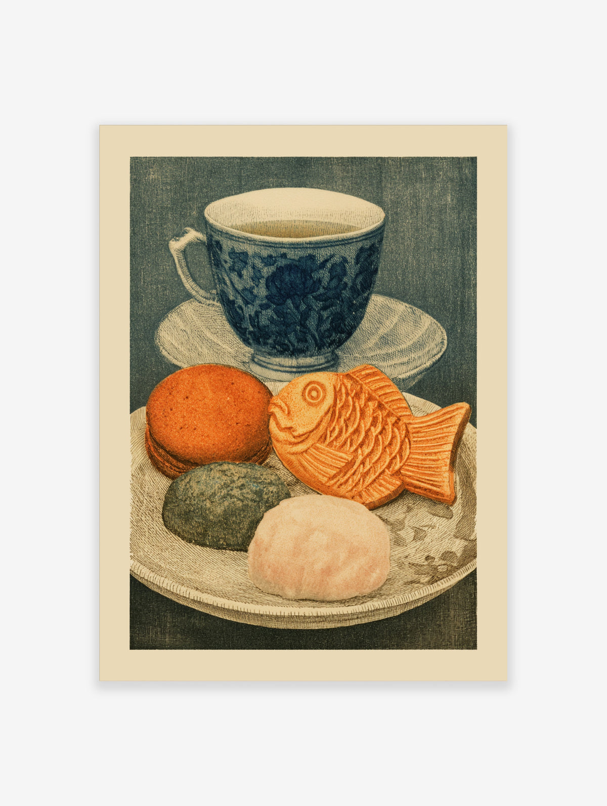 Illustrative art print of a blue tea cup and a plate of Japanese sweets including a fish-shaped taiyaki cake