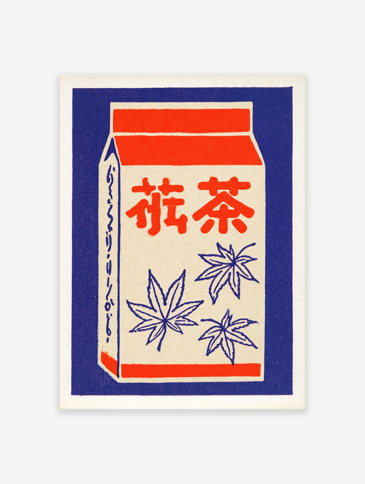Japanese tea carton illustration with red kanji text and blue maple leaves on a cream background