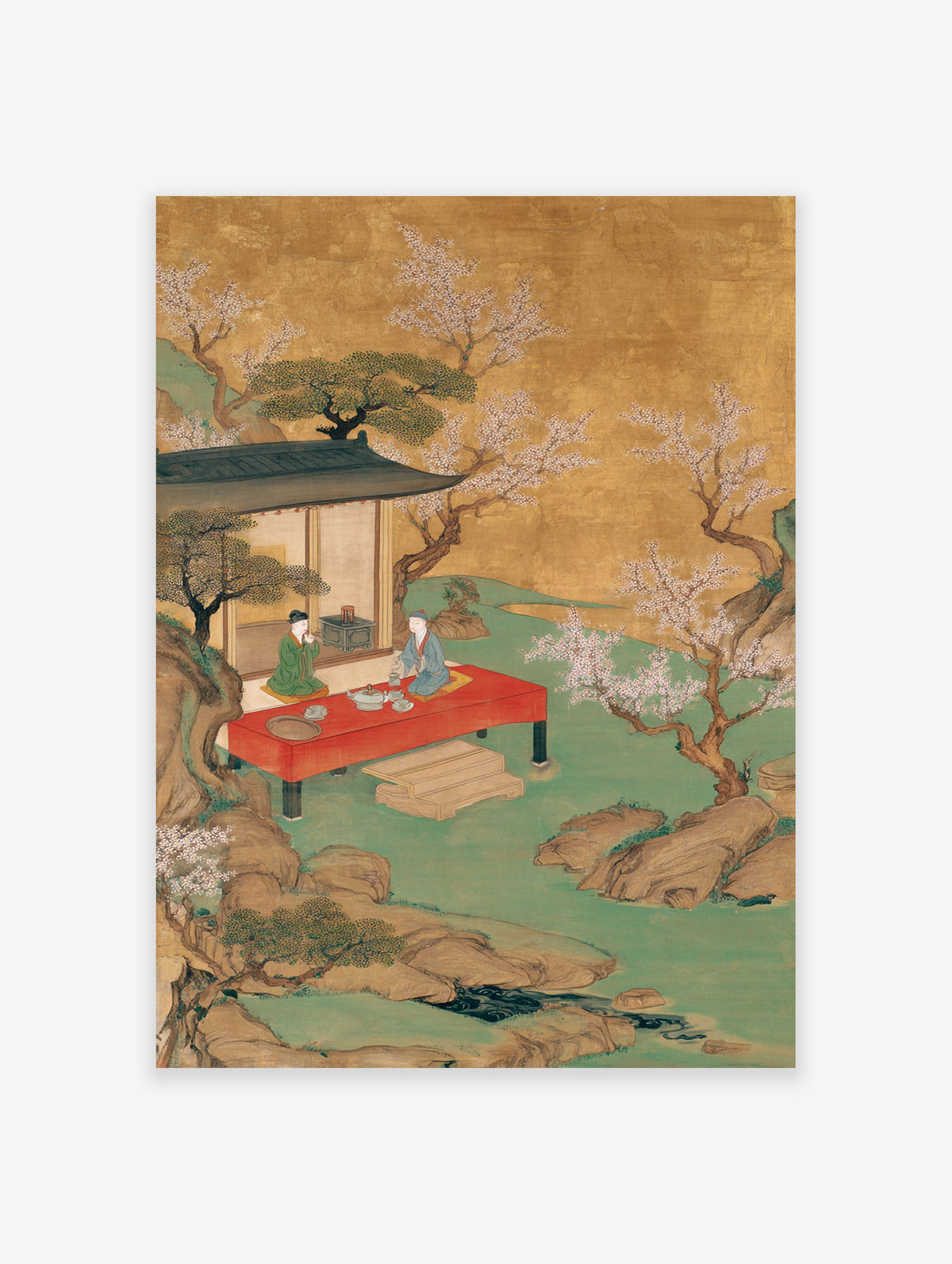 Japanese tea ceremony poster with two figures on a red platform in a golden and green landscape with blossoming trees.