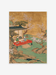 Japanese tea ceremony poster with two figures on a red platform in a golden and green landscape with blossoming trees.