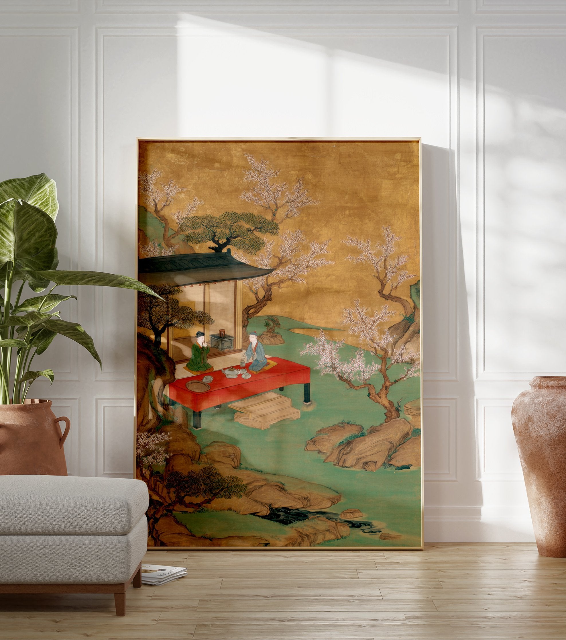 Japanese tea ceremony poster with two figures on a red platform in a golden and green landscape with blossoming trees. - Image 3