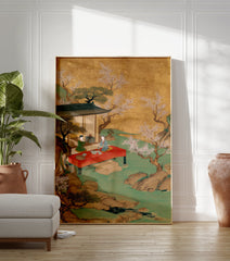 Japanese tea ceremony poster with two figures on a red platform in a golden and green landscape with blossoming trees. - Image 3