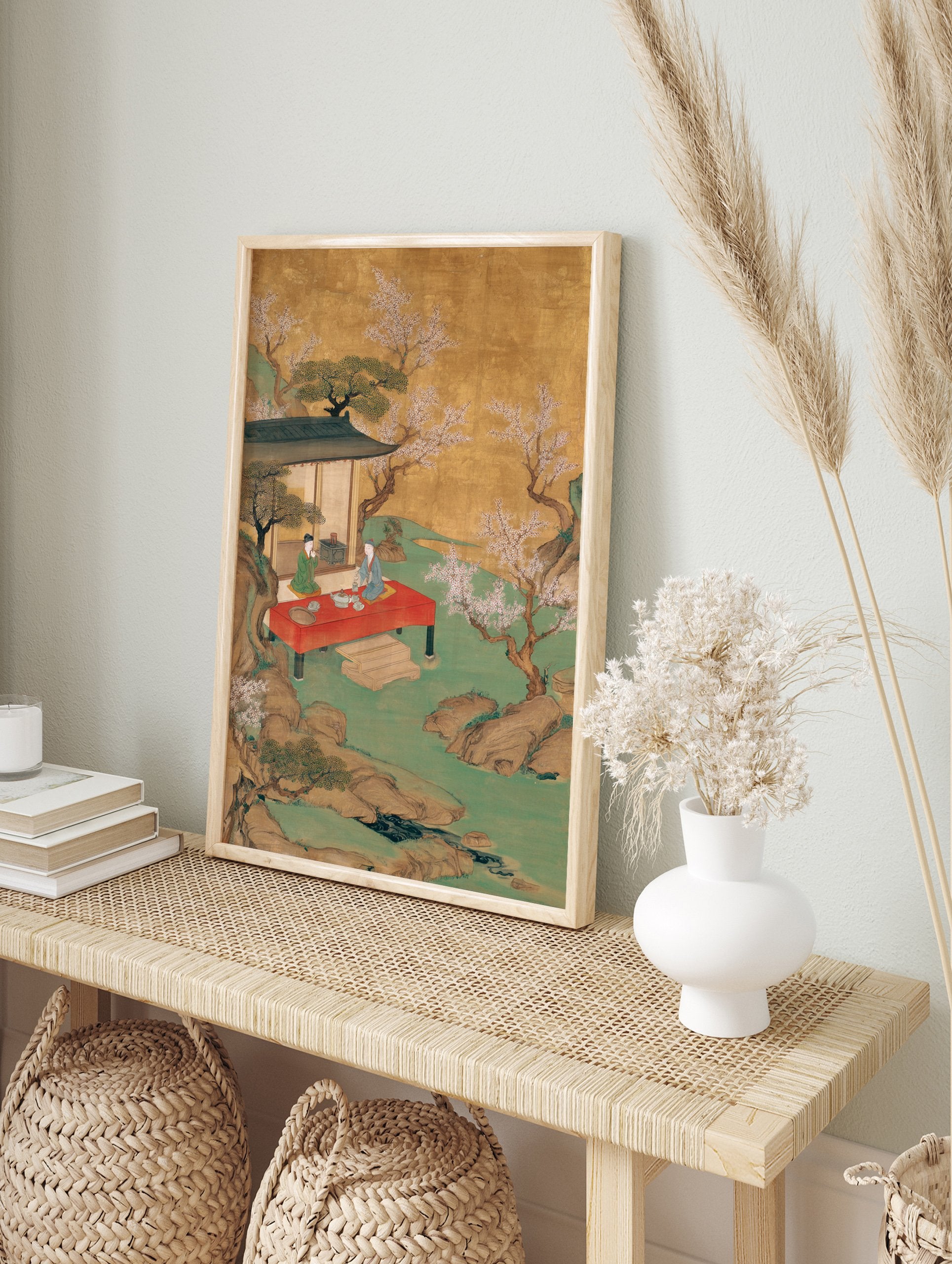 Japanese tea ceremony poster with two figures on a red platform in a golden and green landscape with blossoming trees. - Image 4