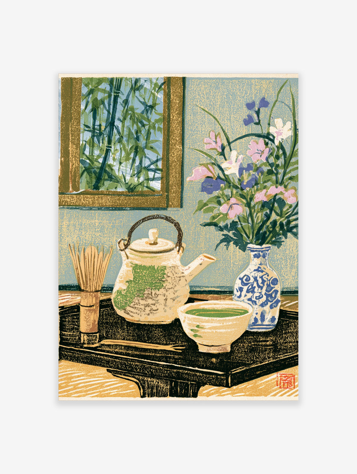 Japanese tea ceremony still life with matcha bowl, teapot, whisk, and flowers on a black tray