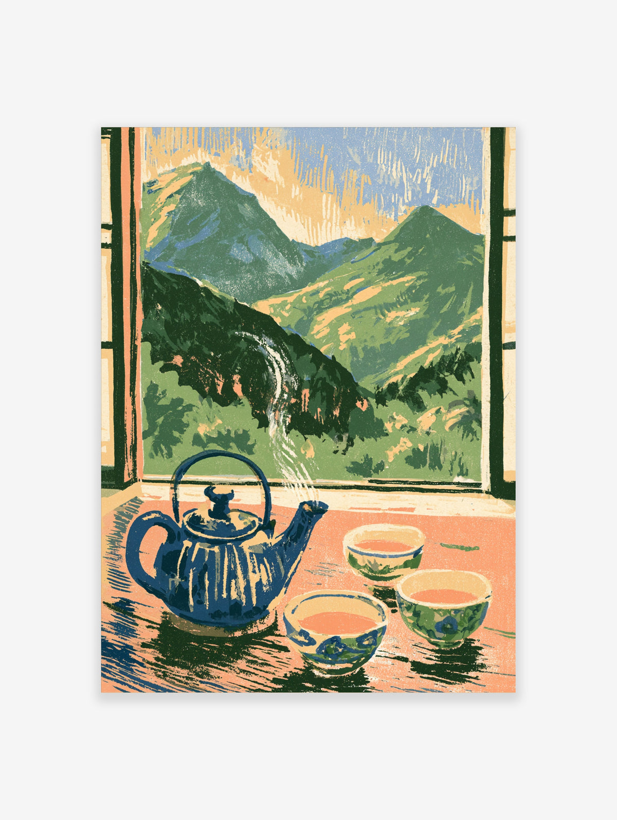 Blue teapot and three cups on a peach table before a window framing green mountains and a pale sky