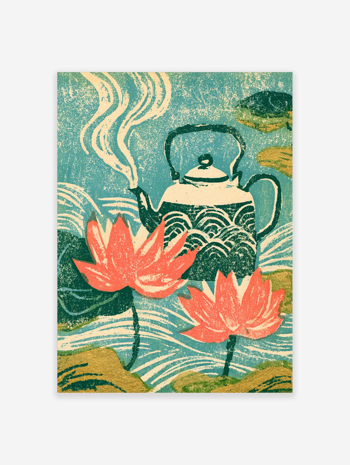 Japanese tea pot poster with coral lotus flowers, steam and wave patterns on teal ground
