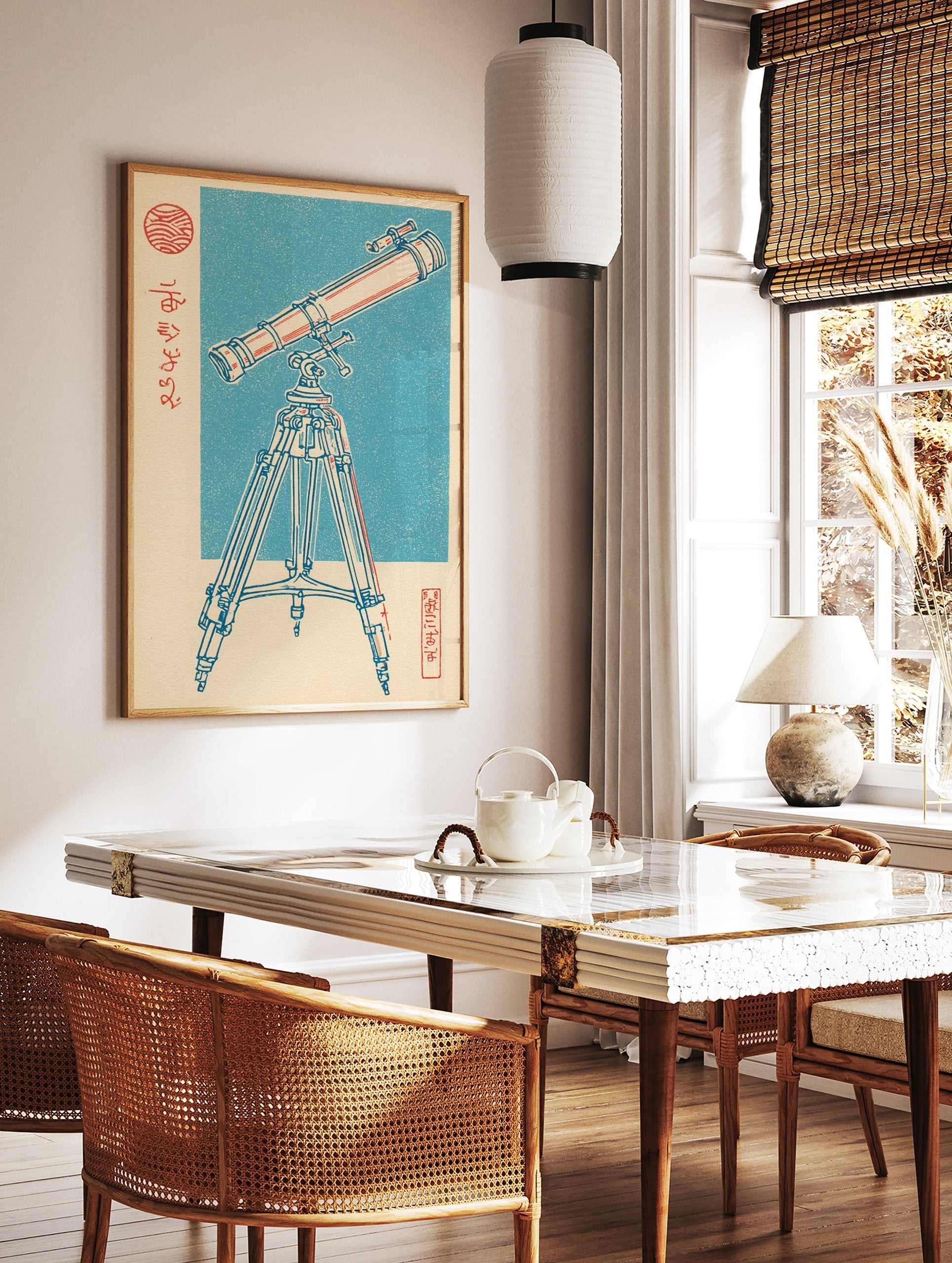 Japanese woodblock print style illustration of a vintage telescope on a tripod against a blue background, with red and blue lines. - Image 2