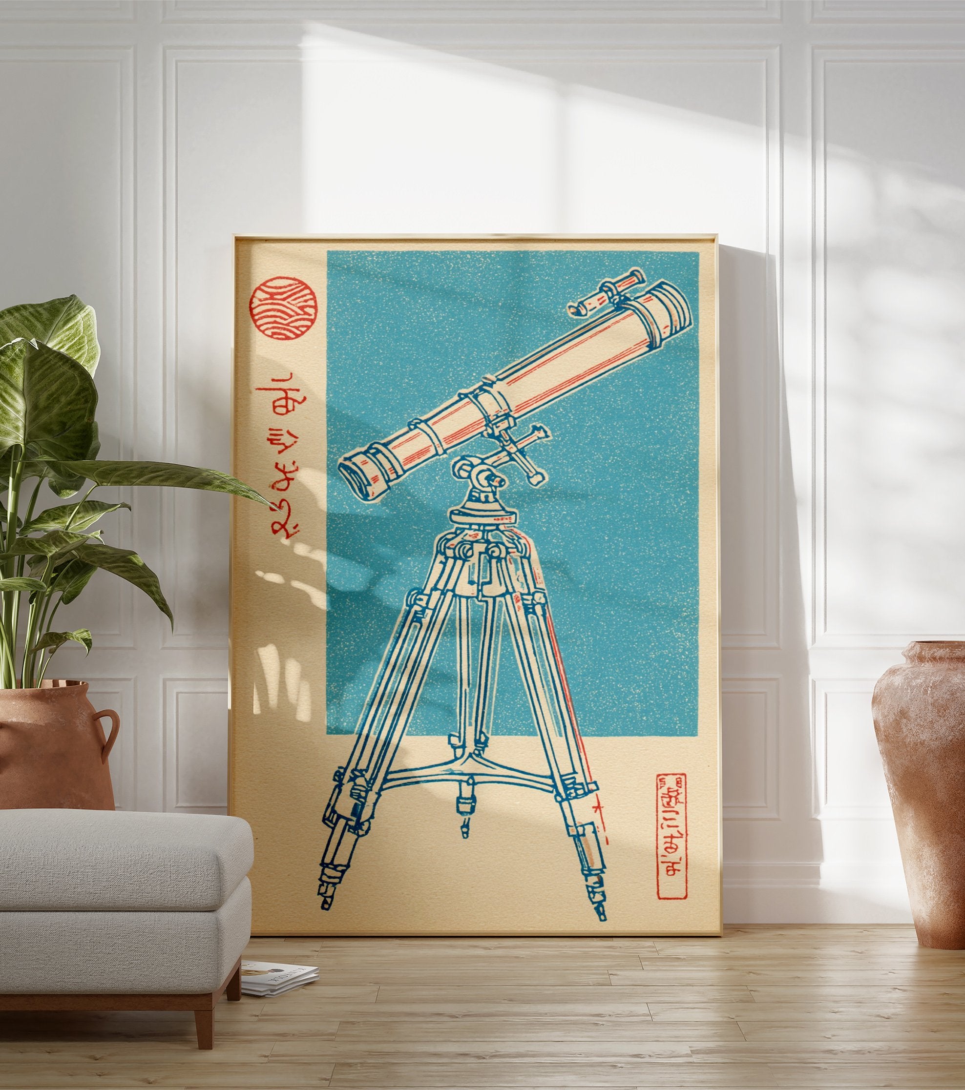 Japanese woodblock print style illustration of a vintage telescope on a tripod against a blue background, with red and blue lines. - Image 3