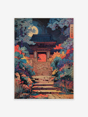 Japanese Temple at Night poster with a full moon, vibrant trees, and a stone stairway leading to the temple gate.