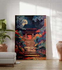 Japanese Temple at Night poster with a full moon, vibrant trees, and a stone stairway leading to the temple gate. - Image 3