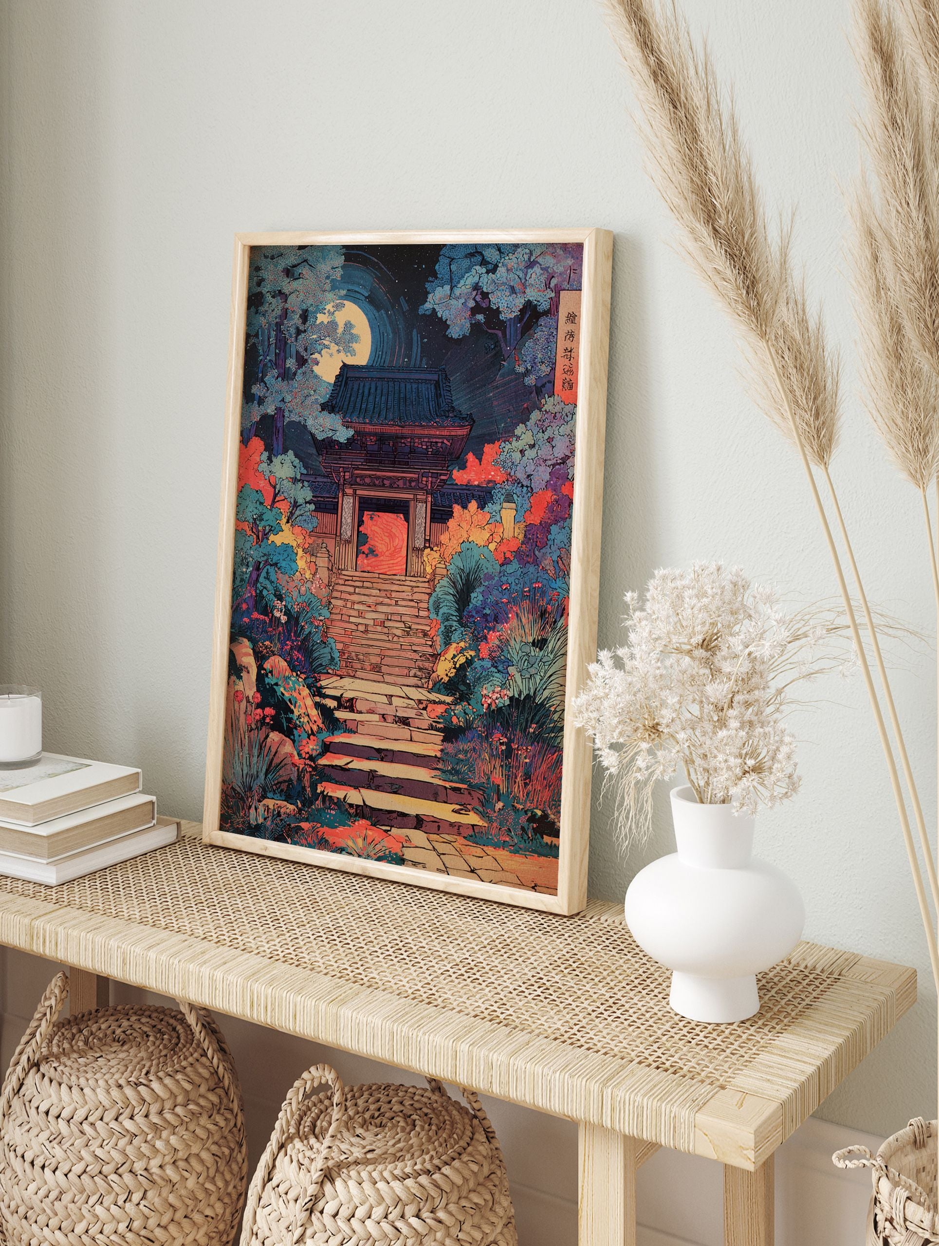Japanese Temple at Night poster with a full moon, vibrant trees, and a stone stairway leading to the temple gate. - Image 4