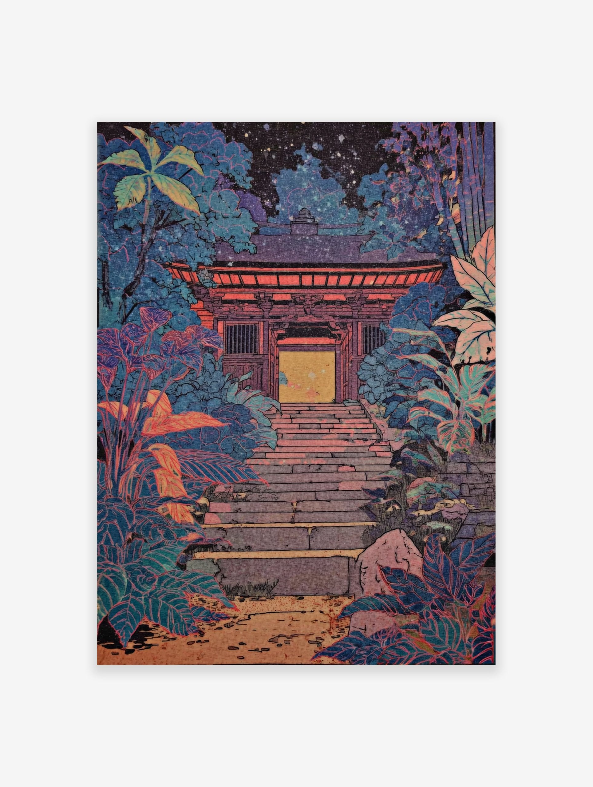 Japanese Temple Gate poster at night, surrounded by vibrant blue and purple foliage, with a glowing yellow entrance.