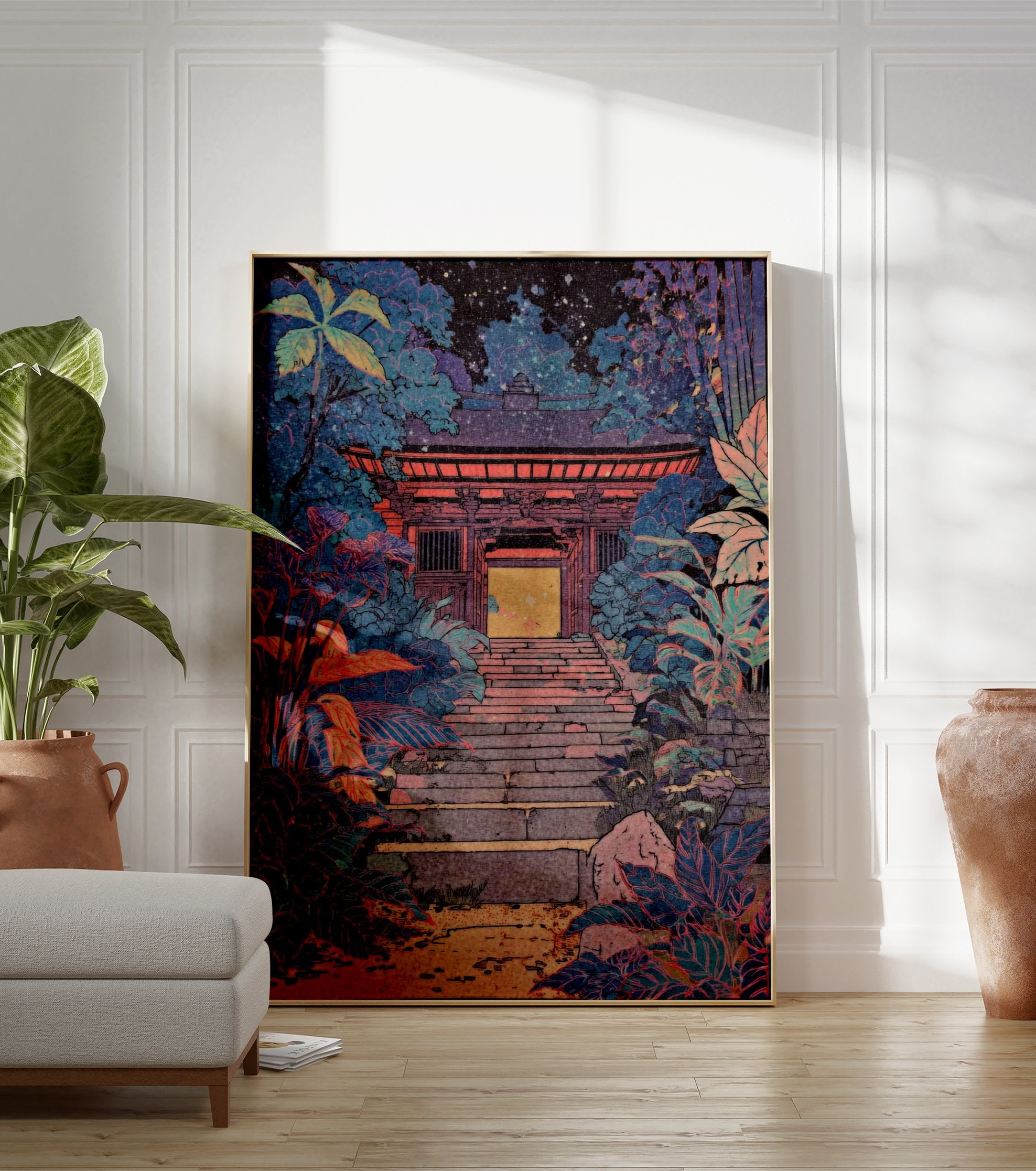 Japanese Temple Gate poster at night, surrounded by vibrant blue and purple foliage, with a glowing yellow entrance. - Image 3