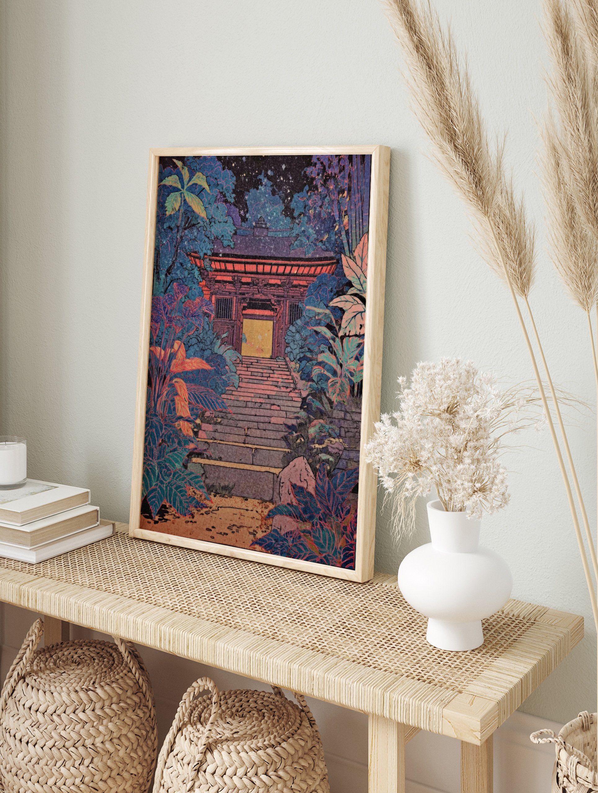 Japanese Temple Gate poster at night, surrounded by vibrant blue and purple foliage, with a glowing yellow entrance. - Image 4