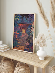 Japanese Temple Gate poster at night, surrounded by vibrant blue and purple foliage, with a glowing yellow entrance. - Image 4