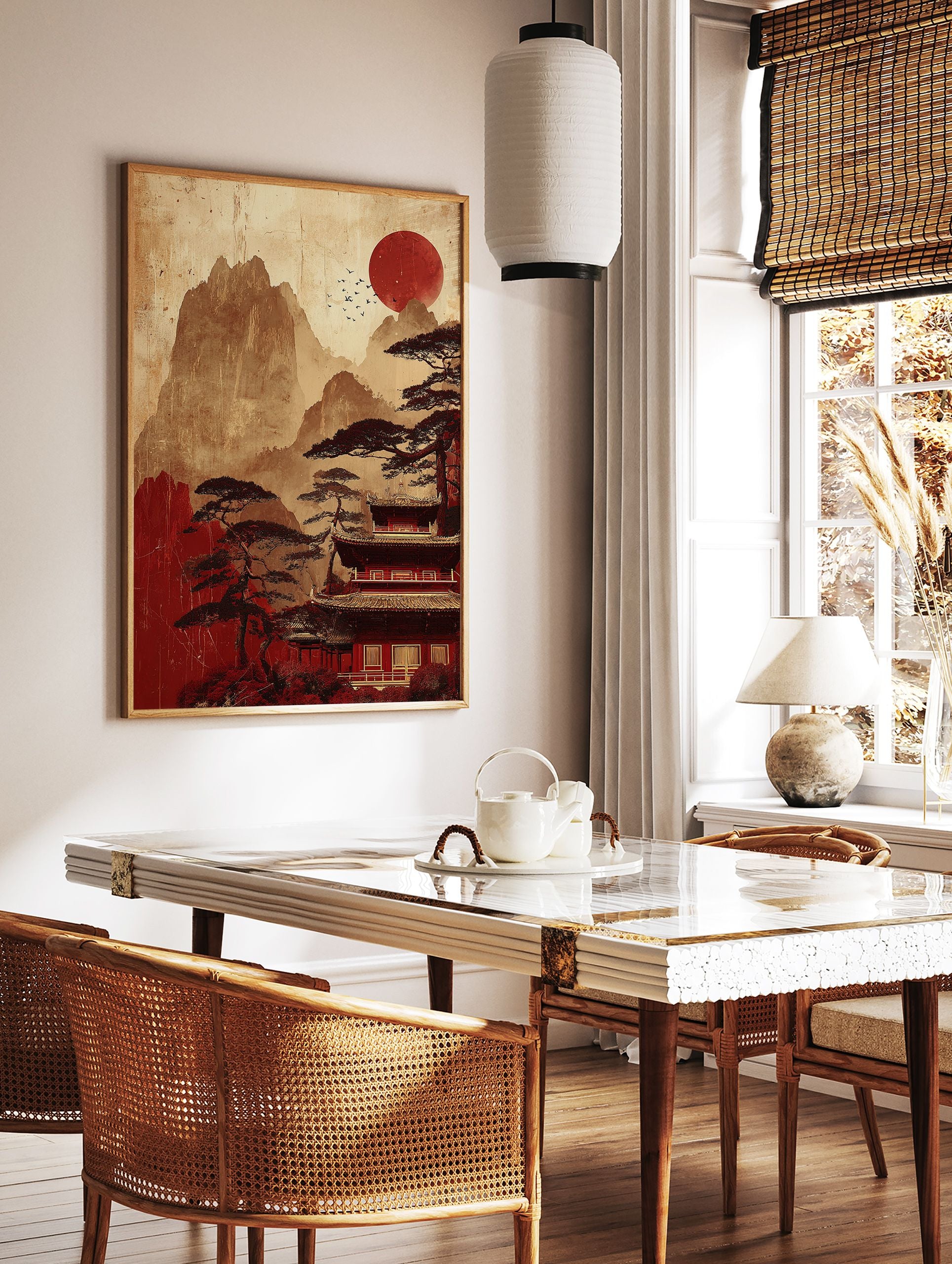 Japanese Temple Landscape poster with red sun, pine trees, and pagoda in a traditional Asian art style. - Image 2