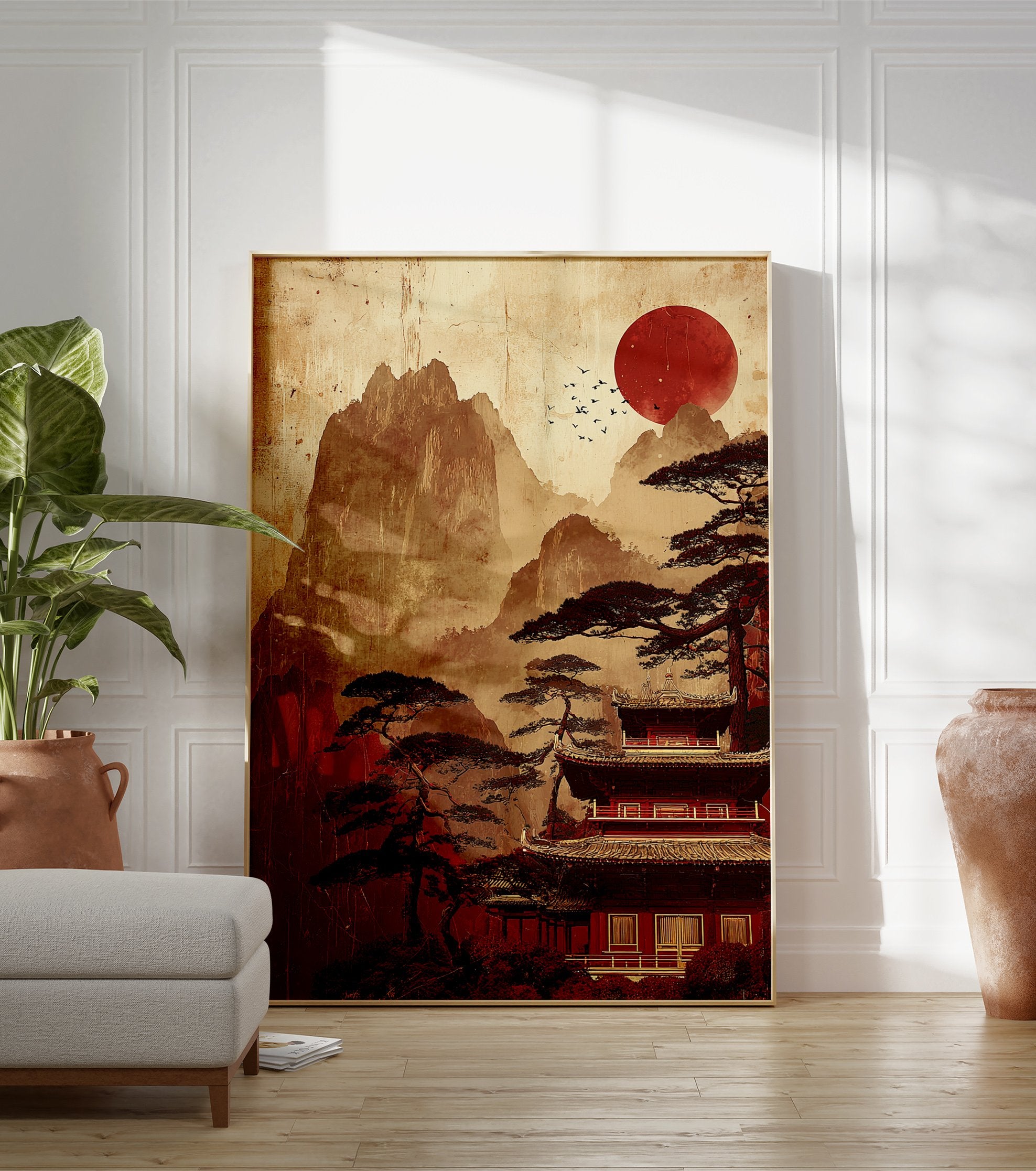 Japanese Temple Landscape poster with red sun, pine trees, and pagoda in a traditional Asian art style. - Image 3