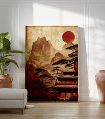 Japanese Temple Landscape poster with red sun, pine trees, and pagoda in a traditional Asian art style. - Image 3